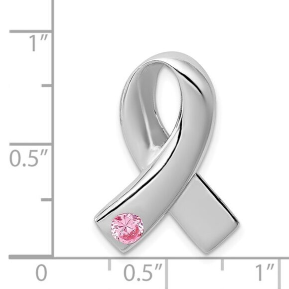 925 Sterling Silver with Pink CZ Cancer Awareness Ribbon Necklace Charm Slide - Picture 4 of 4